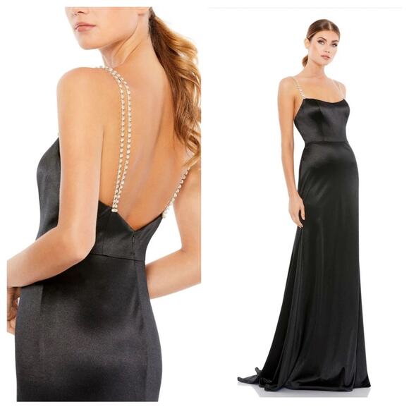 NWT MAC DUGGAL 12428 Black Satin Rhinestone Strap Trumpet Gown Women’s - Picture 1 of 13